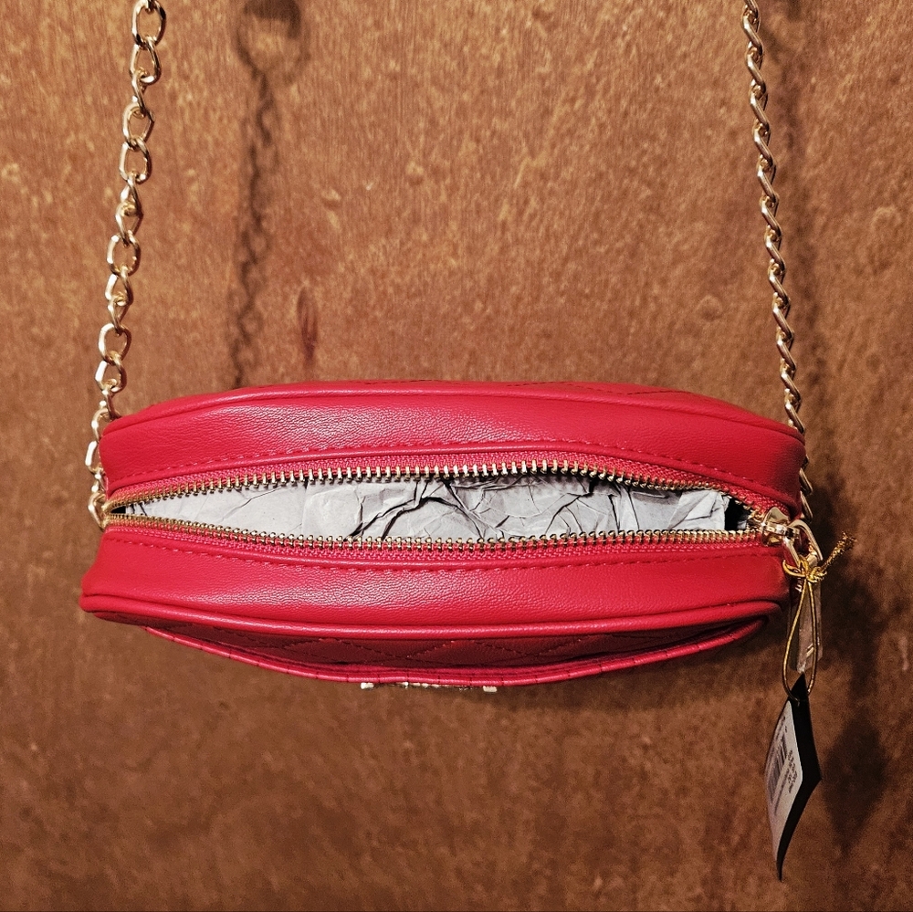 bebe Quilted Red Crossbody Bag with Gold Chain and Crystal Logo - Picture 3 of 16